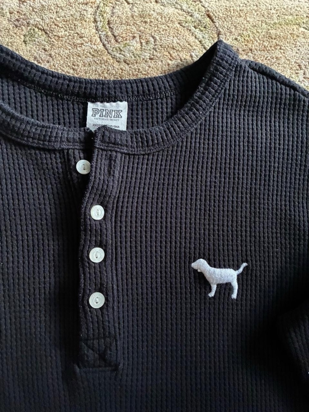 Vintage PINK Victoria's Secret Black Thermal Henley with Dog Logo long sleeve